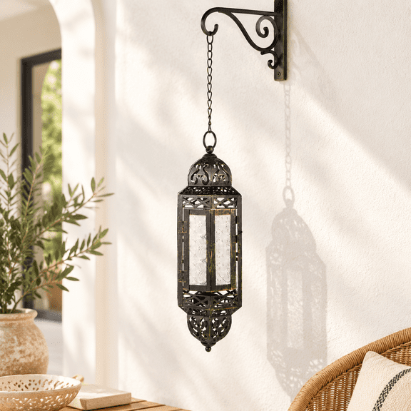 13" Tall Black Hanging Metal and Glass Victorian Candle Holder Lantern