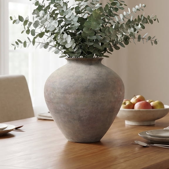 Langford Home 13" Tall Round Antique Terracotta Vase, Gray-Brown
