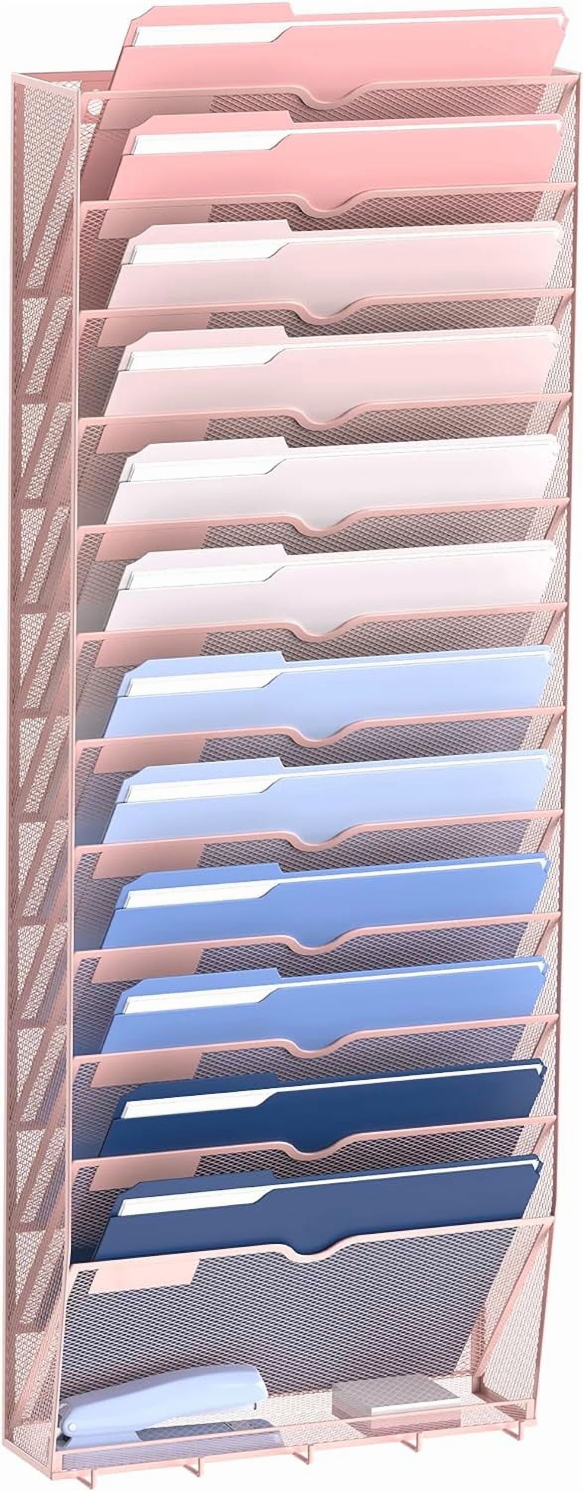INTIGE 13-Tier Wall File Organizer with Hooks, Hanging File Organizer for Office School Home,Pink