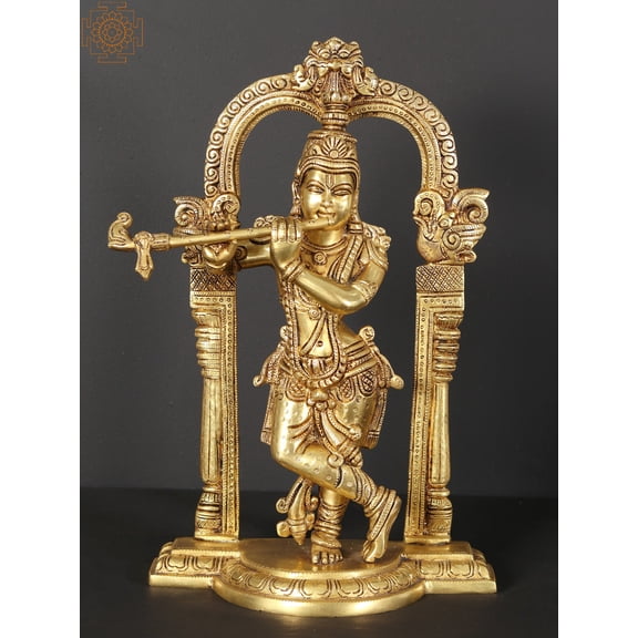 13" Tribhanga Murari (Krishna) Brass Statue Playing Flute With Kirtimukha Arch
