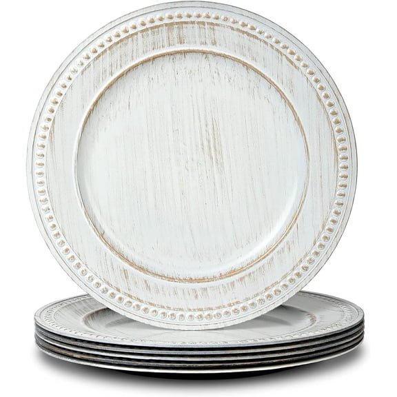 13" Vintage Charger Plates, Beaded Chargers for Dinner Plates Set of 6, Charger Plates Bulk Wedding, White