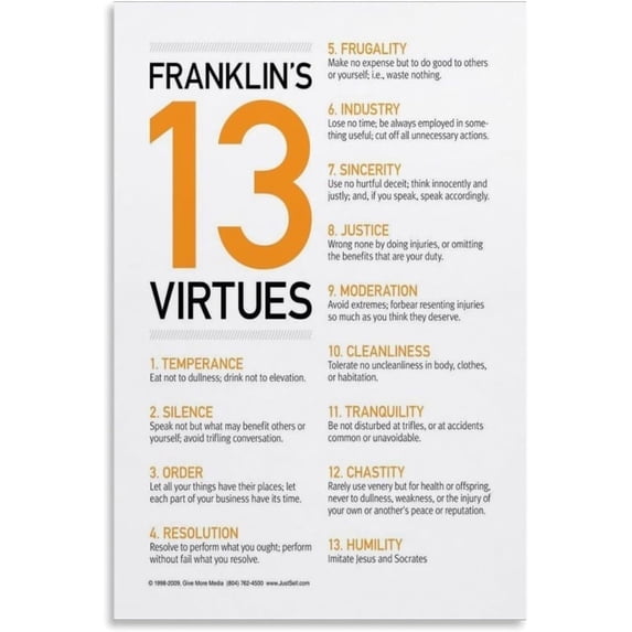 13 Virtues By Benjamin Franklin Wall Poster Art Canvas Printing Poster Office Bedroom Aesthetic Poster
