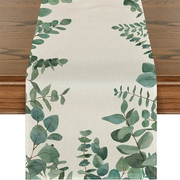 13" W*70" L Eucalyptus Leaves Table Runner, Seasonal Spring Summer Green Plants Holiday Kitchen Dining Table Decoration for Home Party Decor