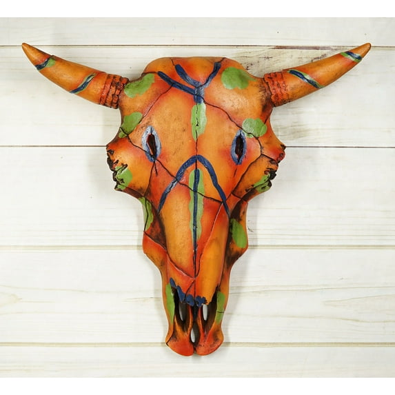 13" W Western Bull Bison Cow Skull With Colorful Tribal Tattoo Wall Decor Plaque