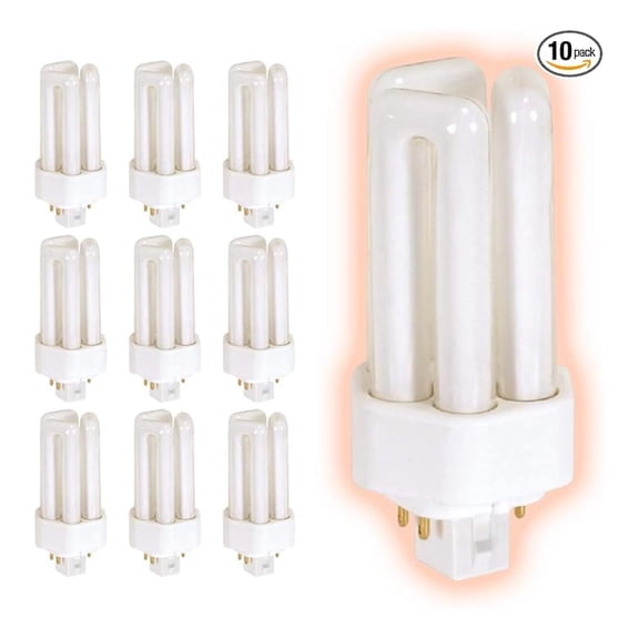 13 Watt CFL Light Bulbs 4 Pin GX24Q-1 Base 4100K Cool White 13W High Output 810 Lumens Triple Tube Compact Fluorescent Light Bulbs Plug-in 10 Pack