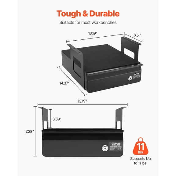 13"Wide Under Desk Drawer Slide Out,Under Desk Mounted Pull-out Drawer Attachment,Hidden Desktop Storage Organizer,Lockable Under Table Pencil Drawer for Sit Stand Workstation,14x13x7 in