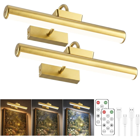 13" Wireless Picture Lights for Wall, Rechargeable Art Light, 2Pack Gold | Aluminum Photo Frame Light, Remote & Touch Control, 5000mAh Battery, 3 Color Temp, Dimmable, Magnetic Gallery Painting Light