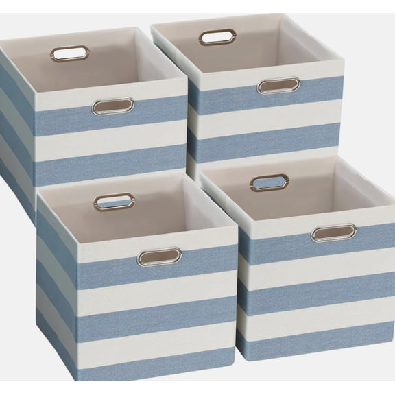 13 X 13 X Linen Stripe Storage Cubes for Home Organizing with Pack of 4 13 Inch, Blue/White