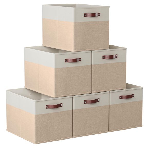 13 X 15 13 Kallax Storage Cube Bins  Foldable Collapsible Fabric Box Linen Shelf Basket Organizer For Closet With Leather Handles 6 Pack White/khaki
