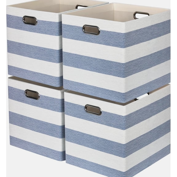 13 X 15 X Stripe Linen Storage Cube for Home Organizing with Pack of 4 13 Inch, Blue/White