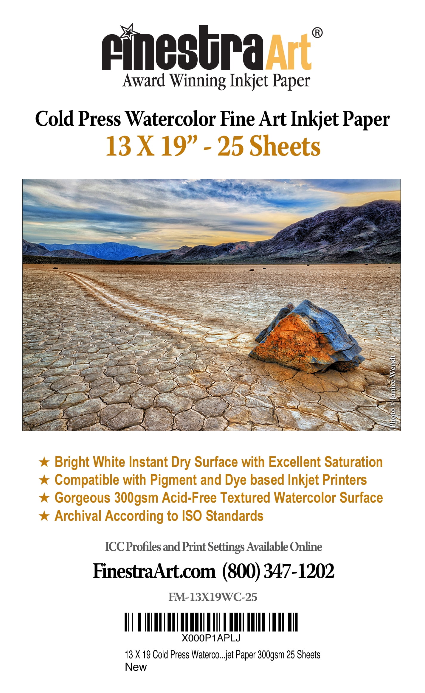 13" X 19" Cold Press Watercolor Fine Art Inkjet Paper - 25 Sheets