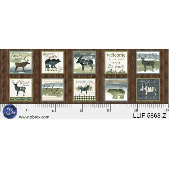 13" X 44" Panel Lodge Life Cabin Woods Bear Moose Cotton Fabric Panel D603.03