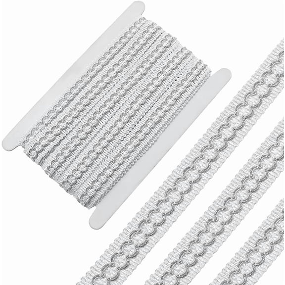 13 Yards 19MM White Ribbon Trim Silver Metallic Gimp Woven Braid Lace Fabric Trimming Polyester Decorative Upholstery Ribbons Bulk for Sewing Making Crafts Clothes Costume Curtain White DIY