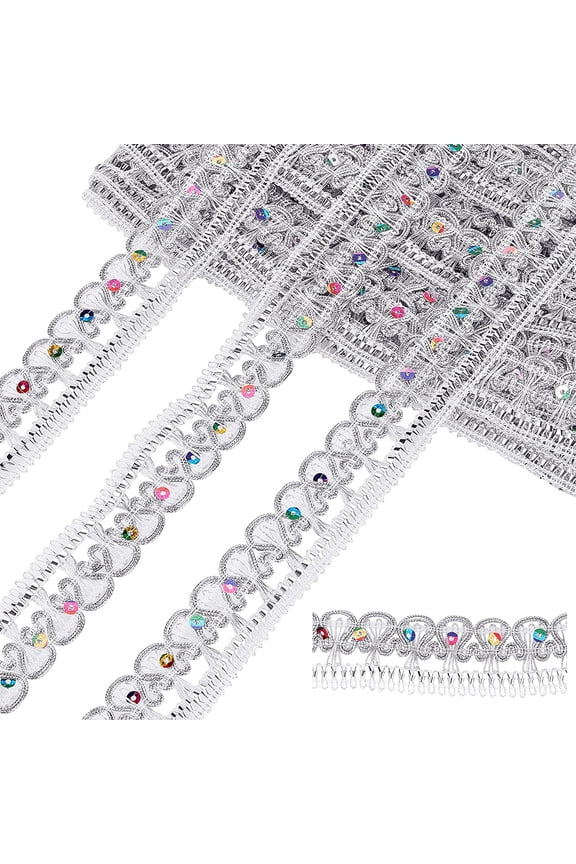 13 Yards Glitter Braid Lace Trim 1 Inch Silver Woven Ribbon Fabric Trim Fringe Embossed Craft Sewing Ribbon for DIY Wedding Party Curtain Clothing Christmas Decoration