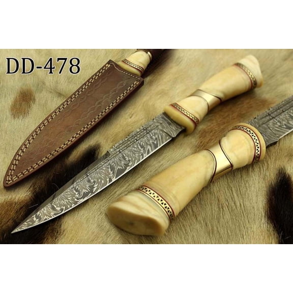 13" carved camel bone W/Brass scale Damascus Steel skinning knife, Cow sheath