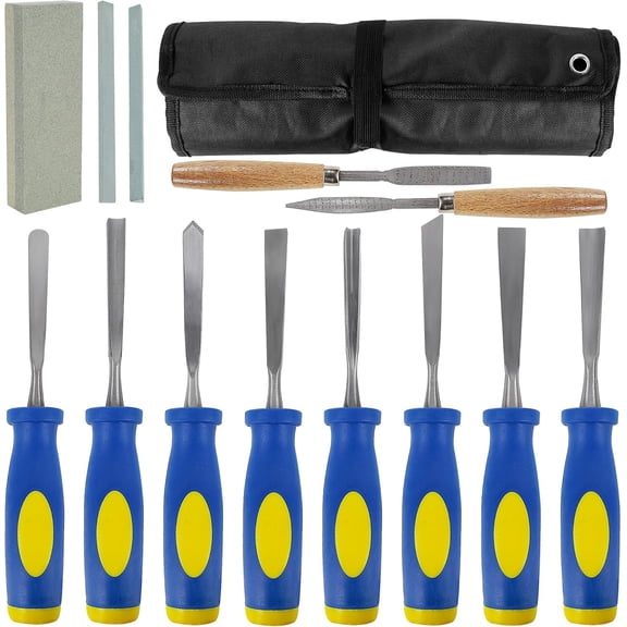 13 count  Chisel with Canvas Bag,  Carving Tool Set Including  Beveled Chisel Tools with Rubber Handles, Rasps and Sharpening Stones for Woodworking