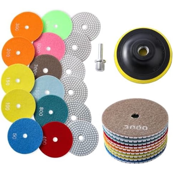 13 count  Polishing Pads Set,50-8000 Grit Pads,Wet/Dry Granite Polish Kit with Backer Pad for Drill  Rock Polisher Granite Marble Stone Concrete Tile Tools