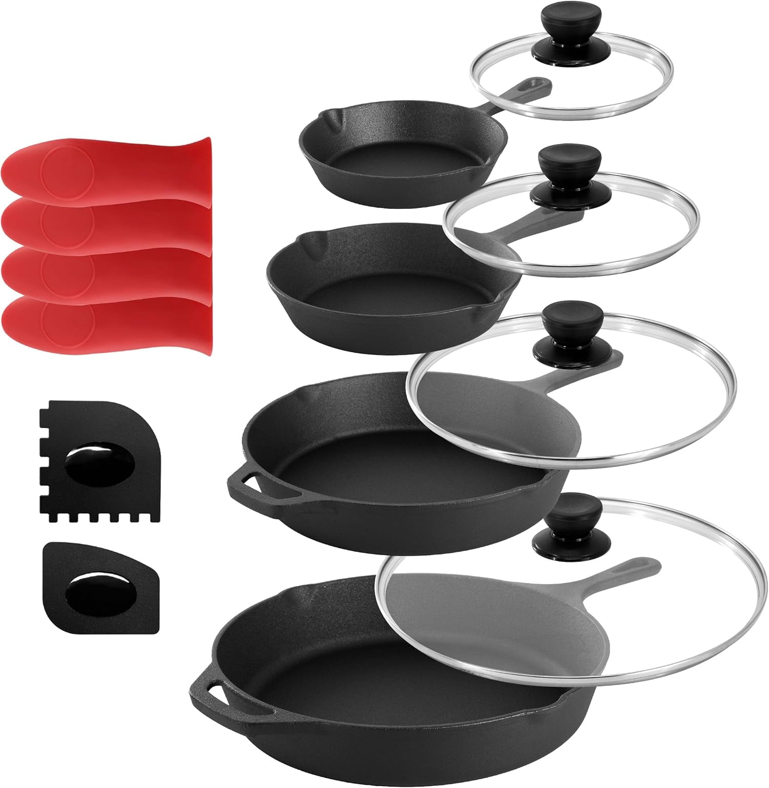 13 count Pre-Seasoned Cast Iron Skillet Set with Temperd Glass and ...