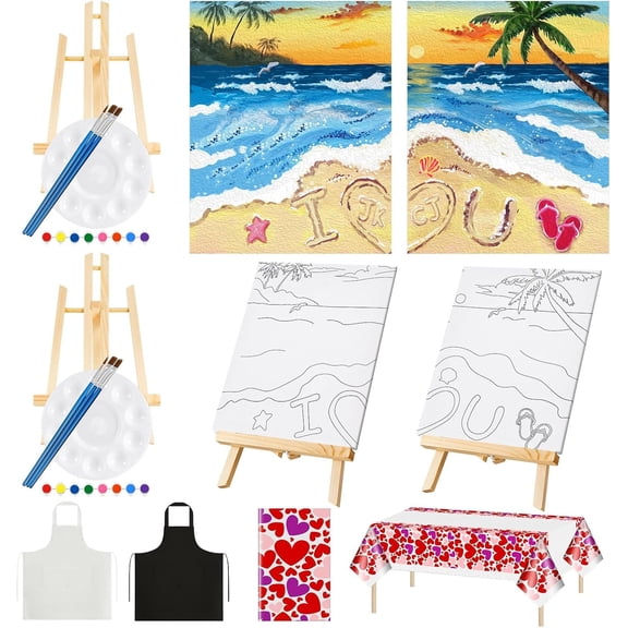 13 count Sip and  Kit for Adults Stretch Canvas Date Night Valentines Painting Kit Supplies Art Painting Set Outline Design Blank Stretch Canvas for Couple Party(Beach,10 x 8 Inch)