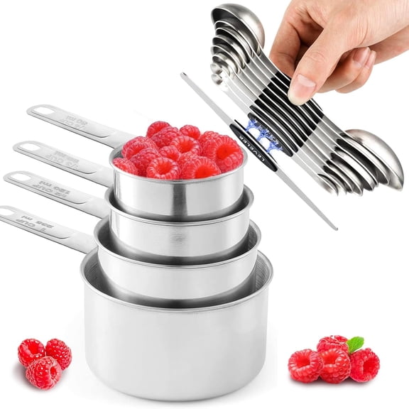 13 count Stainless Steel Measuring Cups and Spoons Set, 8 Double-Sided Measuring Spoons Set & 4 Metal Measuring Cups & 1 Leveler for Kitchen Dry & Liquid Cooking Baking