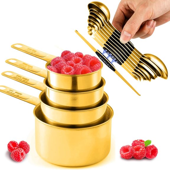 13 count Stainless Steel Measuring Cups and Spoons Set, 8 Double-Sided Measuring Spoons Set & 4 Metal Measuring Cups & 1 Leveler for Kitchen Dry & Liquid Cooking Baking