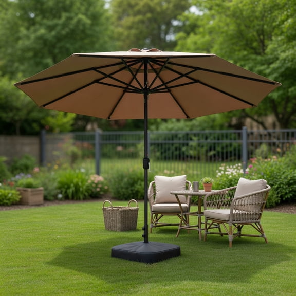 13 ft Double-Sided Solar Patio Umbrella with LED Lights,Heavy-Duty Metal Frame, Wind-Resistant Cross Base, for Backyard,
