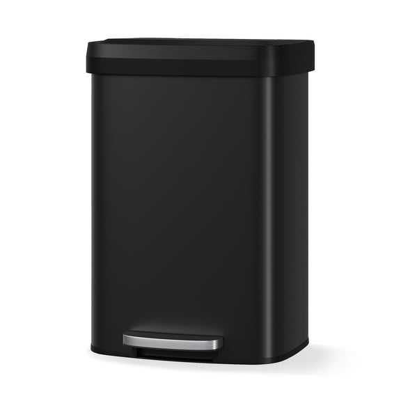 13 gal / 50 L Metal Trash Can with Lid, Large Garbage Can for Kitchen, Rustproof Step-on Kitchen Metal Trash Bin with Liner Rim, Rear Handle, Soft Close Plastic Lid, Black