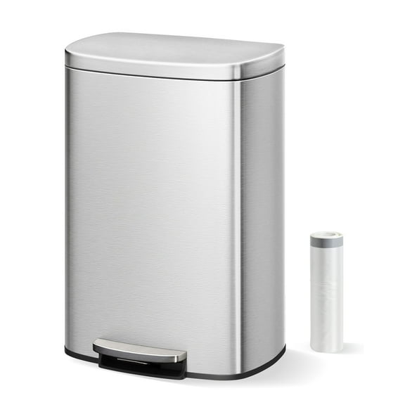 13 gal / 50 L Stainless Steel Trash Can, with Soft-Close Lid, Large Rustproof Step-on Metal Trash Bin with Inner Bucket, Rear Handle, for Kitchen, Bathroom, Living Room