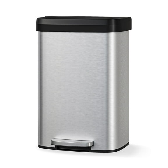 13 gal / 50 L Trash Can with Lid, Stainless Steel Large Garbage Can for Kitchen, Rustproof Step-on Kitchen Metal Trash Bin with Liner Rim, Rear Handle, Soft Close Plastic Lid