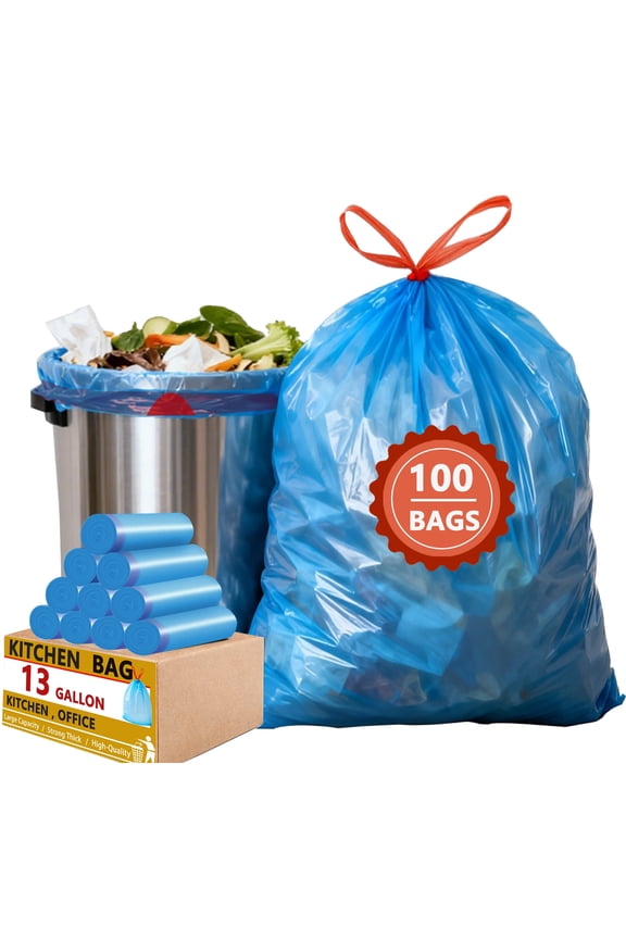 13 gallon Trash Bags Drawstring (Count 100), Tall Kitchen Garbage Bags, Blue