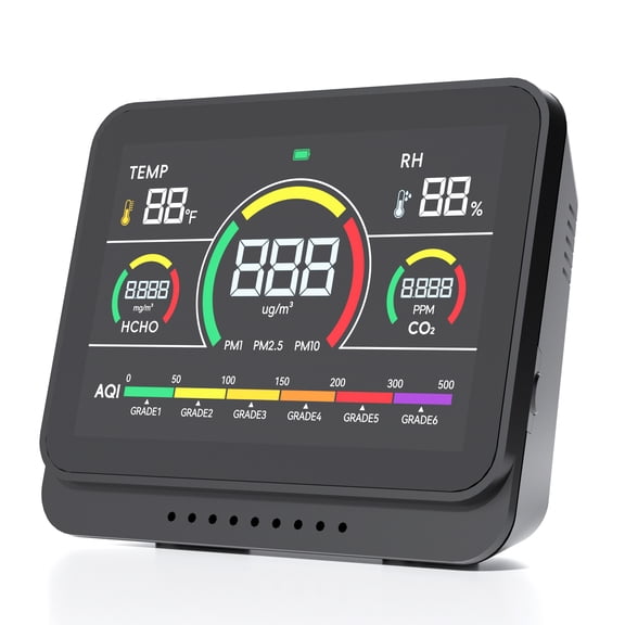 13-in-1 Air Quality Monitor, Indoor Detector with AQI, PM1.0/PM2.5/PM10, CO2, HCHO, Temperature & Humidity, Color Display, Alarm, USB Rechargeable, for Home & Office
