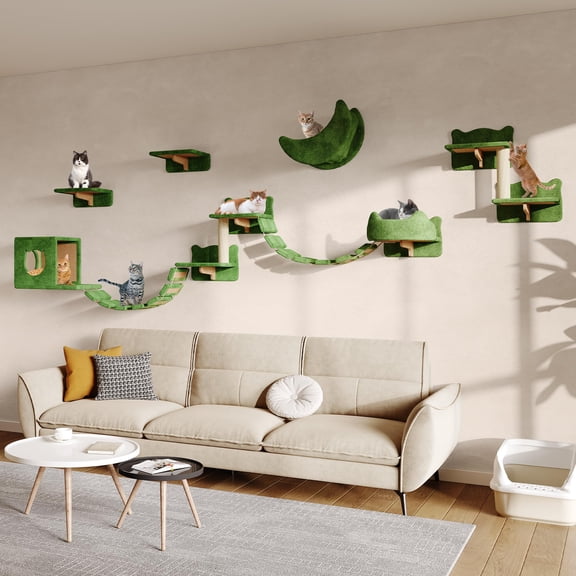 13-in-1 Cat Wall Shelves Mounted Cats Furniture Set With Plush Fabric Climbing Systems Shelf Moon Hammock Condo House Step Bridge Ladder Green