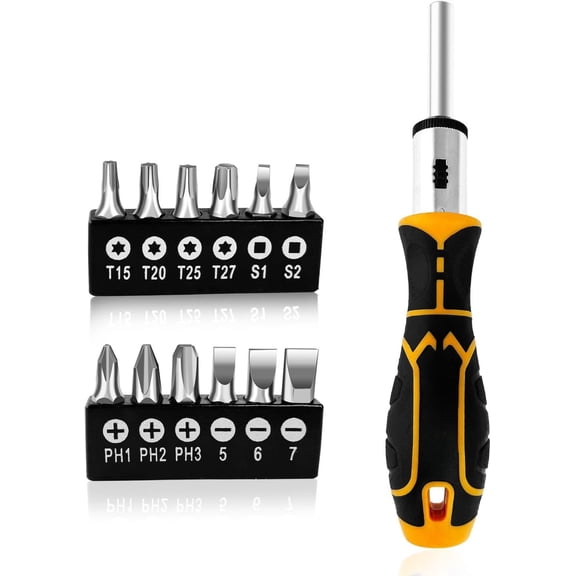 13-in-1 Ratcheting Set, Adjustable Multi-bit with Tips (Flat, Phillips, Torx, Hex, Square, Nut Drivers), Cushion Grip Handle