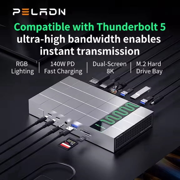 13-in-1 Thunderbolt 5 Dock with 120Gbps Max Transfer 140W Max Charging - Peladn G2