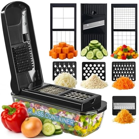 13-in-1 Vegetable Chopper Pro with Glass Container, Stainless Steel Blades, BPA-Free, Mandoline Slicer, Manual$$Home Decor, Kitchen, & Other