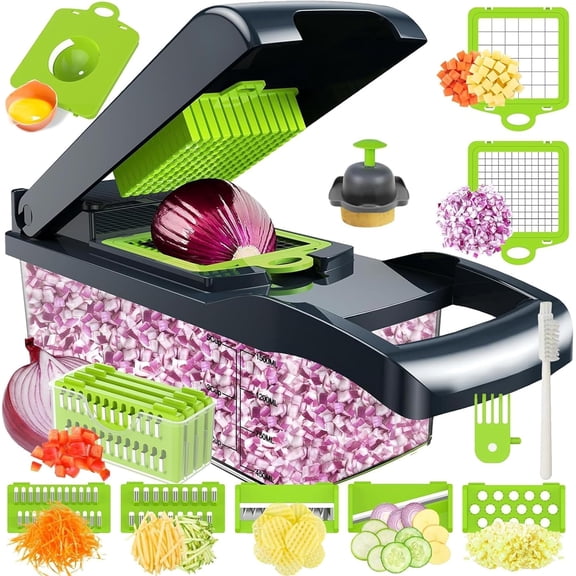 13-in-1 Vegetable Chopper & Slicer - Multifunctional Onion Chopper with 8 Blades, Colander Basket & Container | Mini Chopper & Mandolin Slicer with Finger Guard & Cleaning Brush