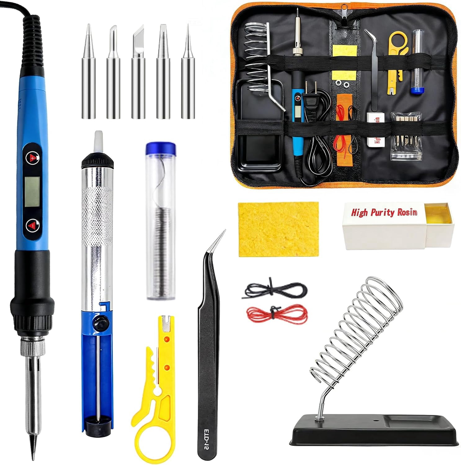 13-in-1 soldering iron set, 90 soldering iron with display and adjustable temperature, including 5 soldering tips, desoldering pump, stand, solder wire, tweezers, soldering paste, suitable for electr
