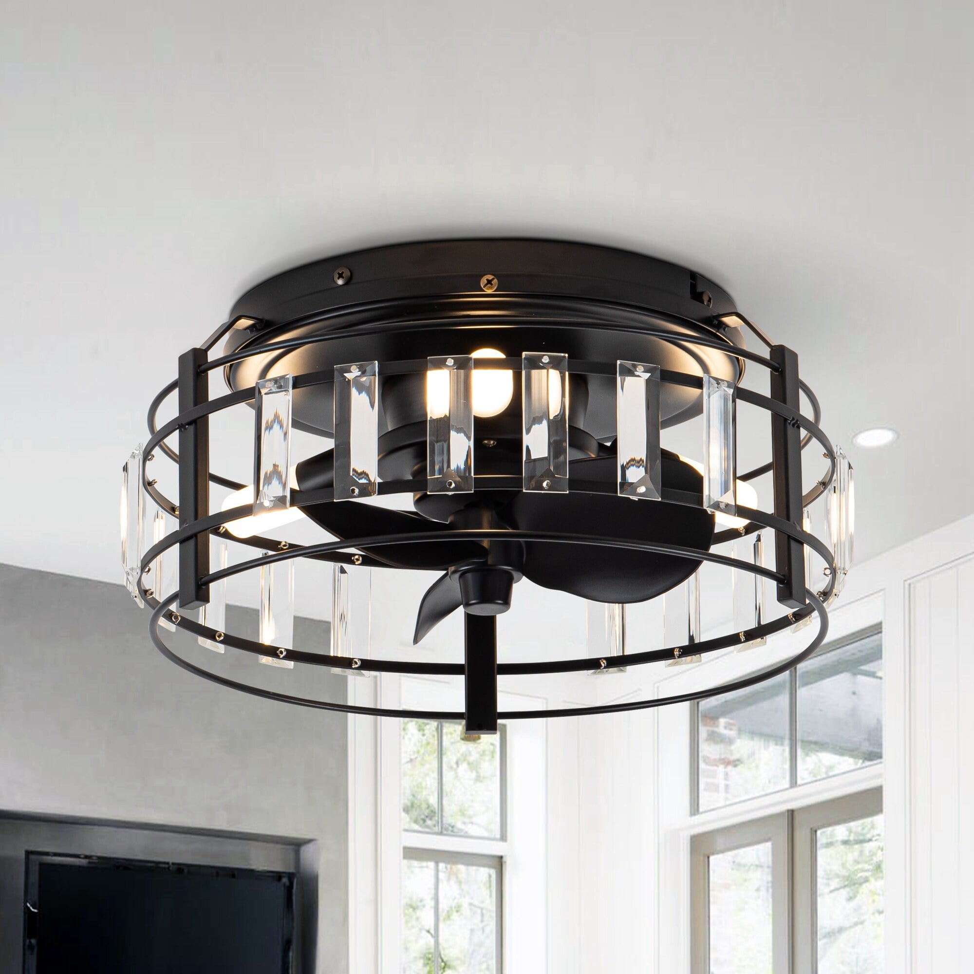 13in Matte Black Industrial Crystal Caged Flush Mount Fandelier