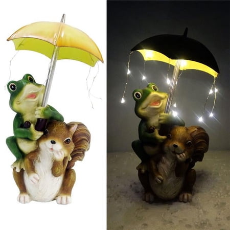 13 in. Polyresin Frog & Squirrel Solar Statue, Multi Color