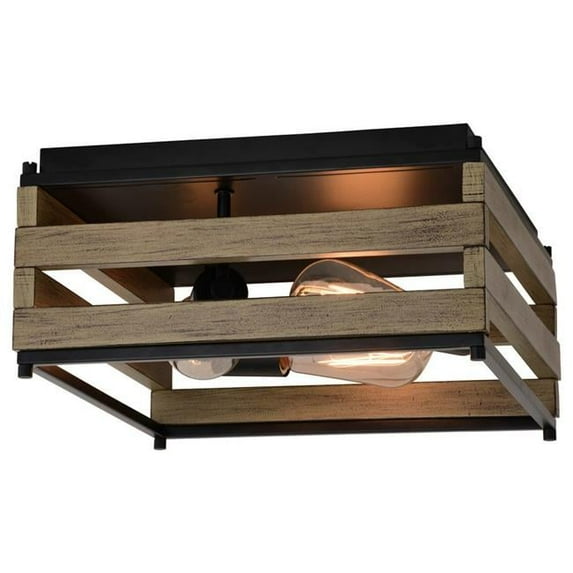 13 in. Ravenswood 3 Light Flush Mount, Matte Black & Burnished Maple Wood