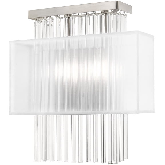 13 inch 2 Light Brushed Nickel ADA Wall Sconce with Clear Crystal Rods/ Hand Crafted Translucent Fabric Shade Shade