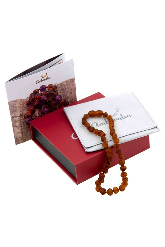 13-inch Amberalia Amber Infant necklace, imported from Lithuania. Certified Baltic Sea amber with gift box, customized message, and engraved storage linen bag included.