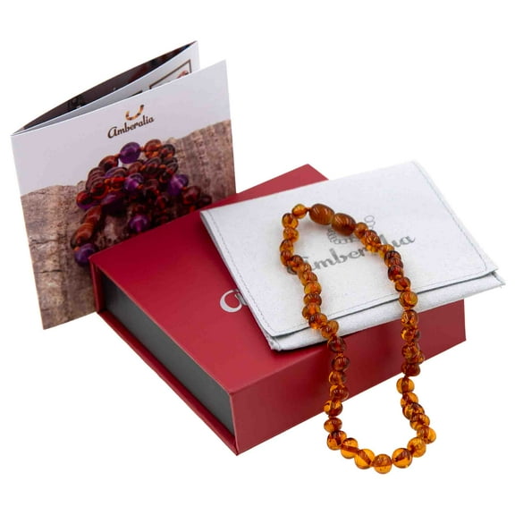 13-inch Amberalia Amber Infant necklace, imported from Lithuania. Certified Baltic Sea amber with gift box, customized message, and engraved storage linen bag included.