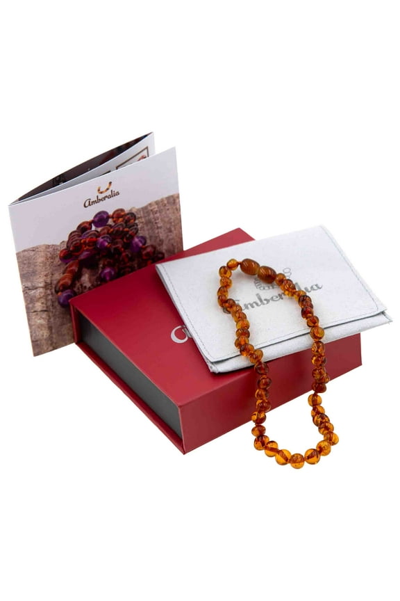 13-inch Amberalia Amber Infant necklace, imported from Lithuania. Certified Baltic Sea amber with gift box, customized message, and engraved storage linen bag included.