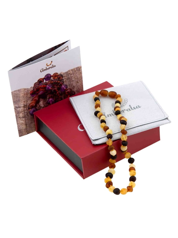 13-inch Amberalia Amber Infant necklace, imported from Lithuania. Certified Baltic Sea amber with gift box, customized message, and engraved storage linen bag included.