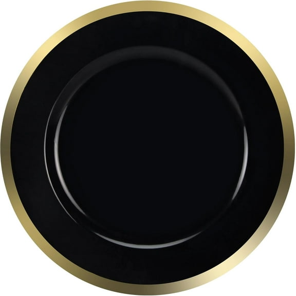 13 inch Black Charger Plate with Gold Rim – Elegant, Disposable, Decorative Round Plastic Charger for Dinner Parties, Events, & Holidays – Durable, & Disposable Table Setting for Plates (4)