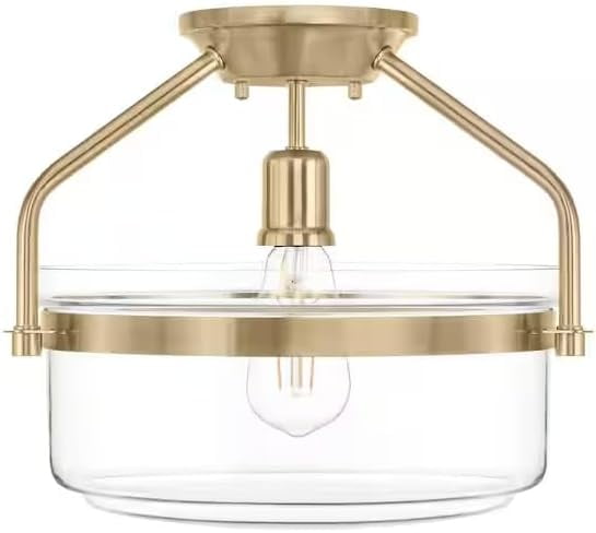 Meridian 13" Natural Brass and Clear Glass Semi-Flush Ceiling Light