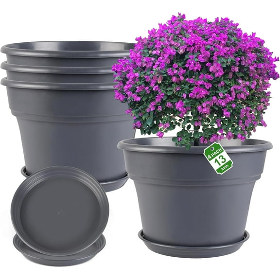 13-inch-Plant-Pots, 4 Pack Large Planters for Outdoor Plants, Plastic Flower Pots Indoor with Drainage Holes & Trays, Classic Garden Pot Container for House