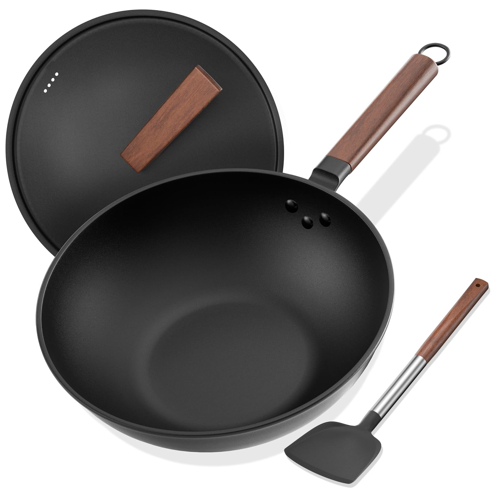 13-inch Pre-seasoned Carbon Steel Wok with Lid and Spatula for stovetop cooking