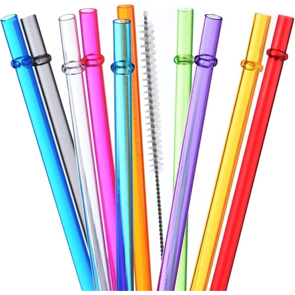 13 inch Reusable Plastic Straws, Extra Long Colorful Tritan Tumbler Replacement Straws for Stanley Cups, 1 Gallon, 64/40/ 32 oz Water Bottles, Set of 10 with Brush